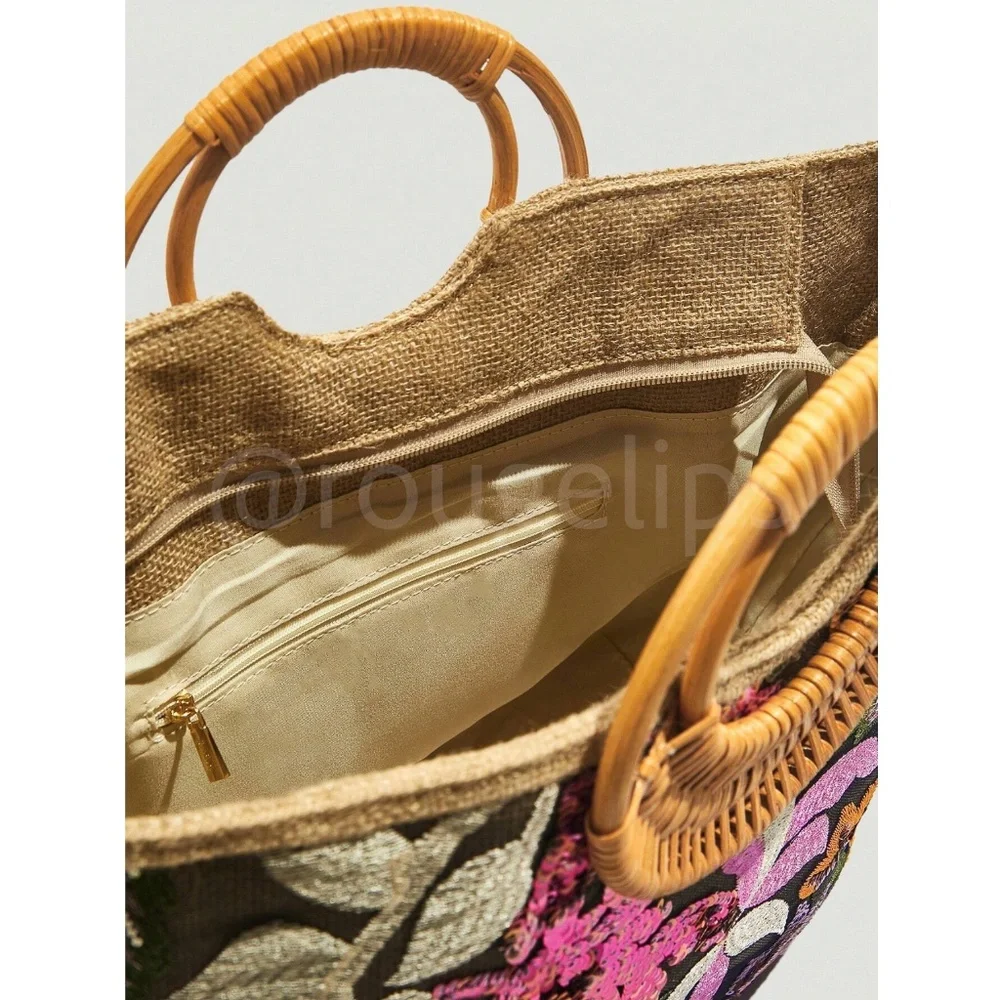 Sequined Floral Decorated Straw Tote Bag Bamboo Handle